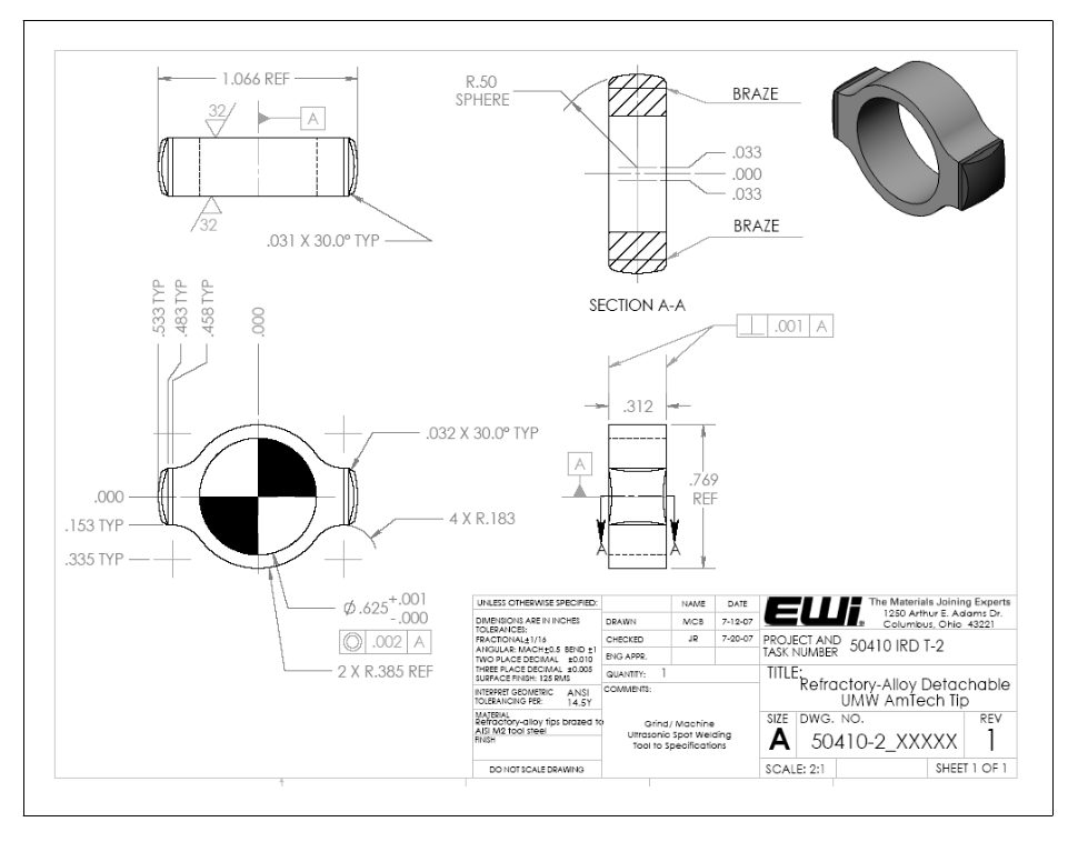 Mechanical drawing - Replaceable ultrasonic metal welding washer tip with brazed wear insert (ref. Holze patent 3,813,006)