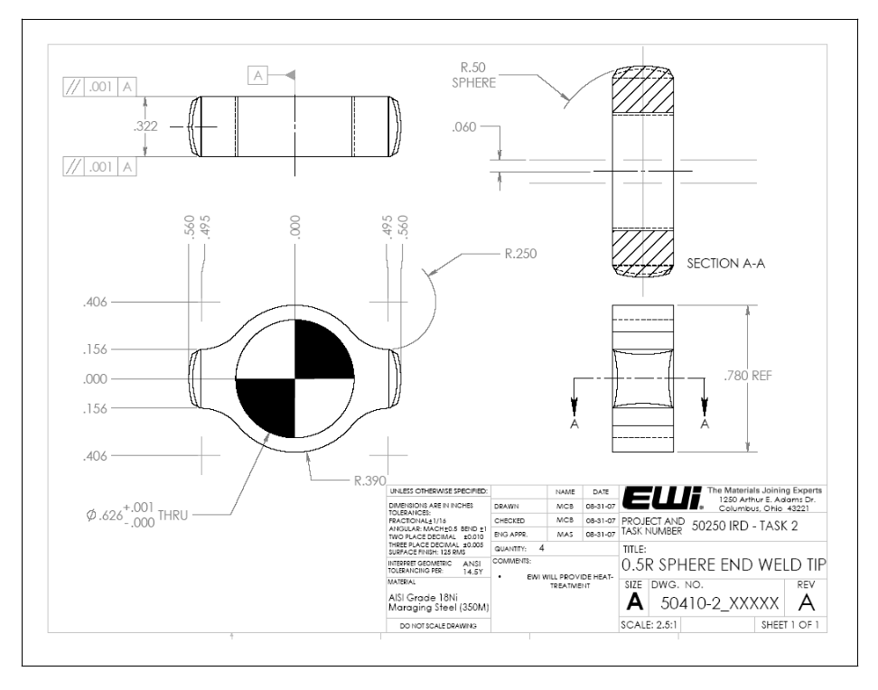 Mechanical drawing - Replaceable ultrasonic metal welding washer tip (Holze patent 3,813,006)