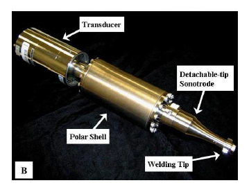 Polar mount for lateral drive ultrasonic metal welder — assembled (Shoh patent 3,955,740)