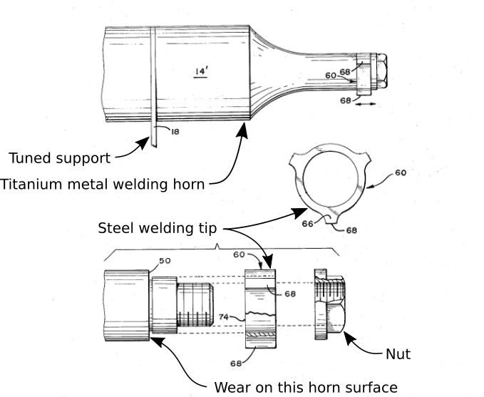Lateral drive ultrasonic metal welding horn with replaceable washer tip (Holze patent 3,813,006)