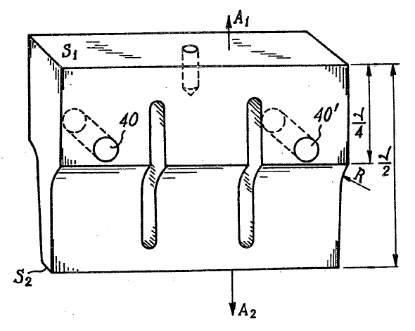 Figure 30. Ultrasonic bar horn (2 slots) with transverse holes (Scotto French patent 2547225, Scotto German patent 3328614A1)
