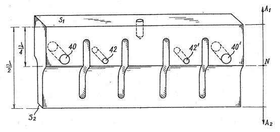 Figure 32. Ultrasonic bar horn (4 slots) with transverse holes (Scotto French patent 2547225, Scotto German patent 3328614A1)